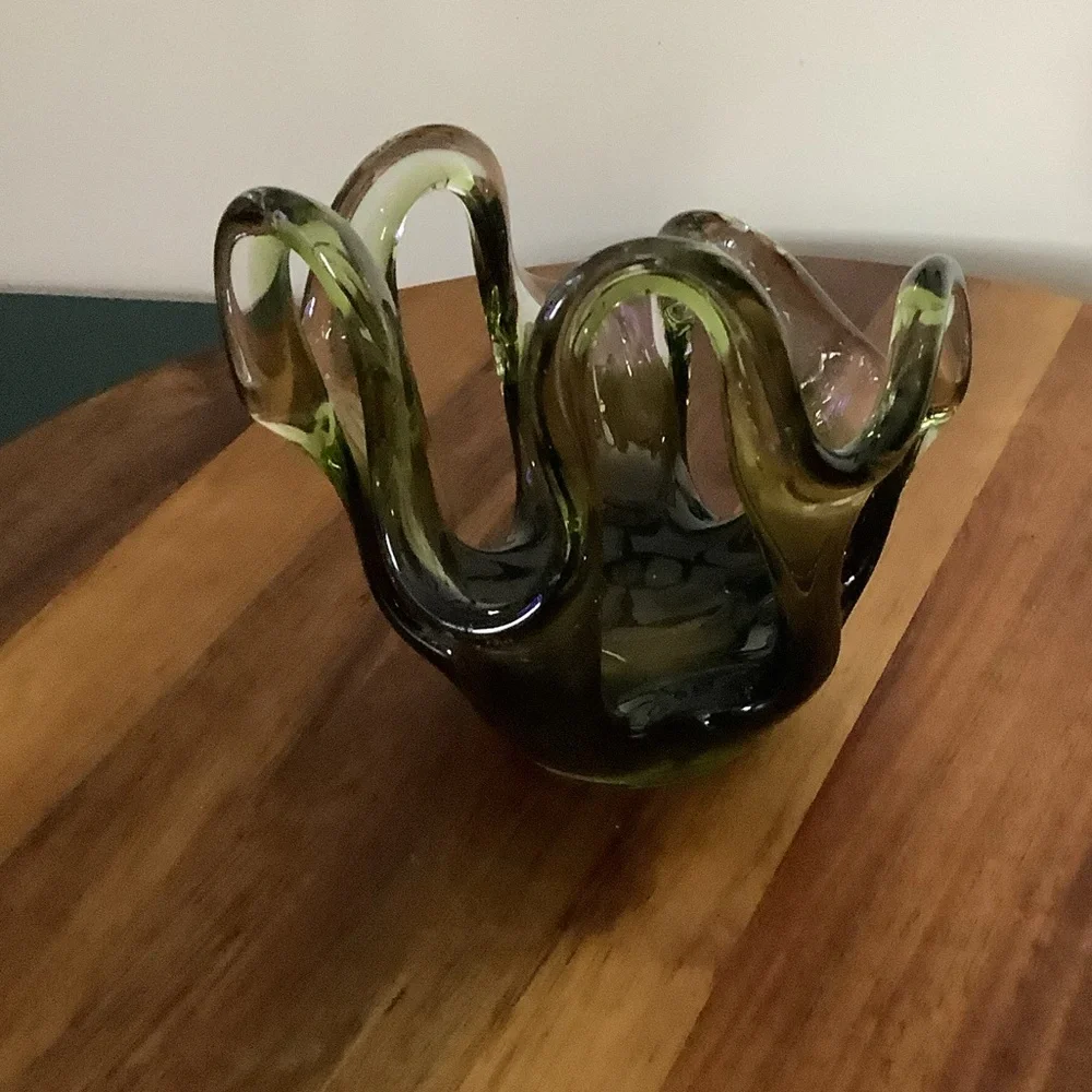 Vintage Murano Style Art Glass Bowl Votive | Olive Green Smoky Glass - Picture 3 of 9